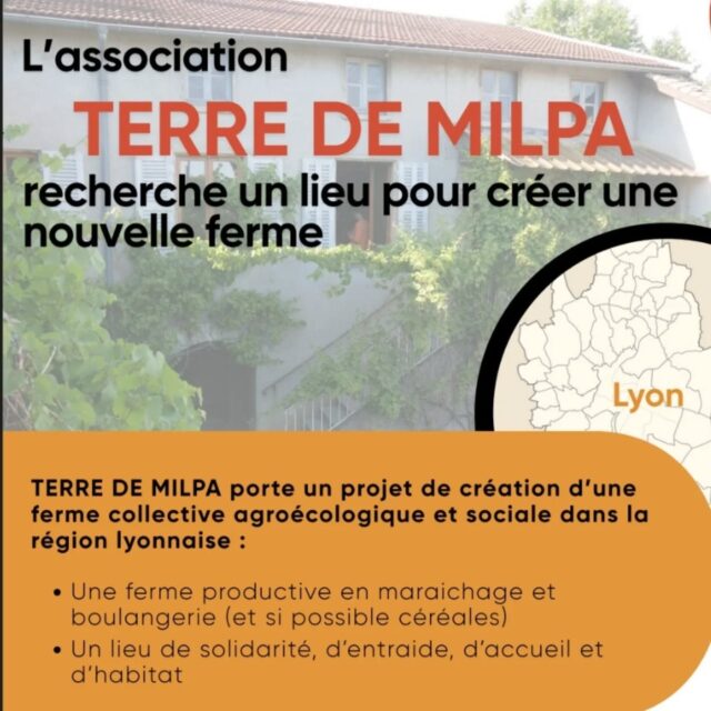 🚜 Vous connaissez une ferme à vendre dans la région lyonnaise? Faites en nous part !
Terre de Milpa est une association qui a créé une ferme agroécologique et sociale à Saint-Didier-au-Mont-d'Or en 2022.
La ferme emploie actuellement 6 salariées permanentes, 18 salarié-es en parcours d'insertion socio-professionnelle, et est soutenue par plus de 30 bénévoles actifs.
Nous vendons des légumes AB en circuit court et sommes un tiers-lieu nourricier ouvert sur son territoire.
Dans le cadre de son projet global l'association accompagne l'installation paysanne.
➡️ Afin de permettre une suite de parcours dans le domaine agricole et répondre aux besoins spécifiques des femmes, nous allons créer une nouvelle ferme agroécologique et collective sur notre territoire.
Dans ce cadre, nous cherchons à acquérir une ferme avec suffisamment de bâti et de parcelles agricoles pour installer ce projet.
N'hésitez pas à nous contacter si vous avez connaissance d'une ferme à vendre autour de Lyon, même si elle ne répond pas complètement à tous les critères 😉