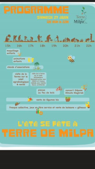 🌻🌻 RDV le samedi 27 juin à la ferme pour la Fête de l'été !

Au programme:

Dès 15h :

-Atelier enfant : crée ton cyanotype & jeux autour du végétal + maquillage nature

- Vente de légumes de la ferme & goûters faits maison

- Découvrez le stand de l'association Oïkos

- Jeux en libre service : Molky, volley, fresque à peindre 

15h30 : 

Visite de la ferme et découverte du projet associatif avec Olivia & Marie.

17h :

Visite guidée, zoom patrimoine bâti & écoconstruction avec oïkos et travaux de rénovation de la ferme avec Camille Hours, architecte

18h - 20h : atelier (et dégustation !!!) de pizzas !

20h : Place au concert de @deposeminutemaghreb

RDV samedi 27 juin, de 15h à 22h, à la ferme : 13 chemin Frédéric Roman, @saintdidieraumontdor

Parking de la ferme réservé aux personnes à mobilité réduite, parkings disponibles en centre-ville de Saint-Didier (à 10mm à pied).